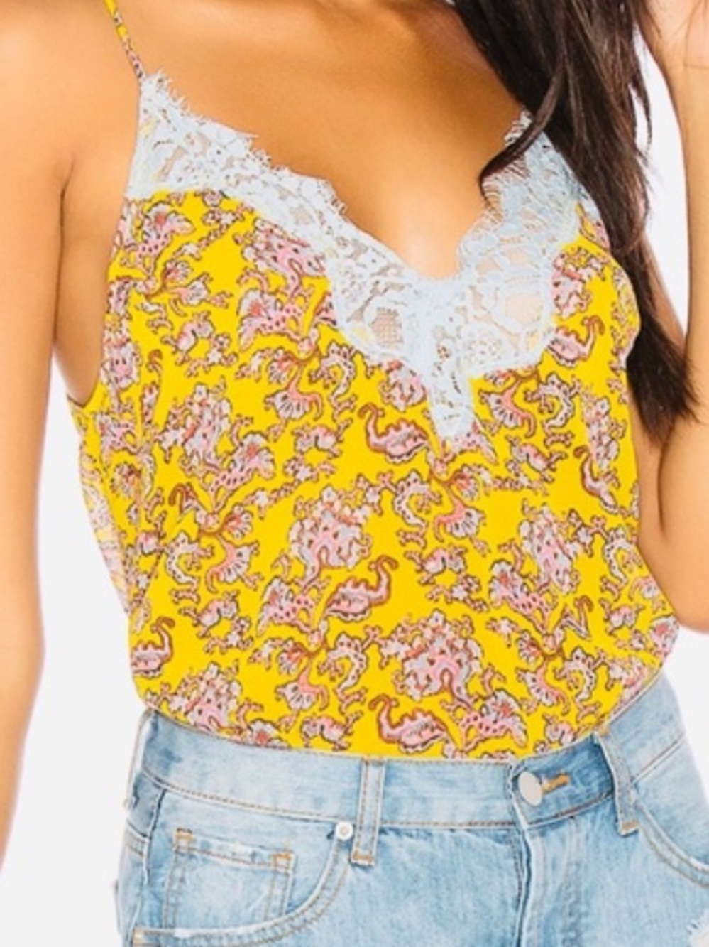 Free People Yellow Paisley Lace-Trim Camisole